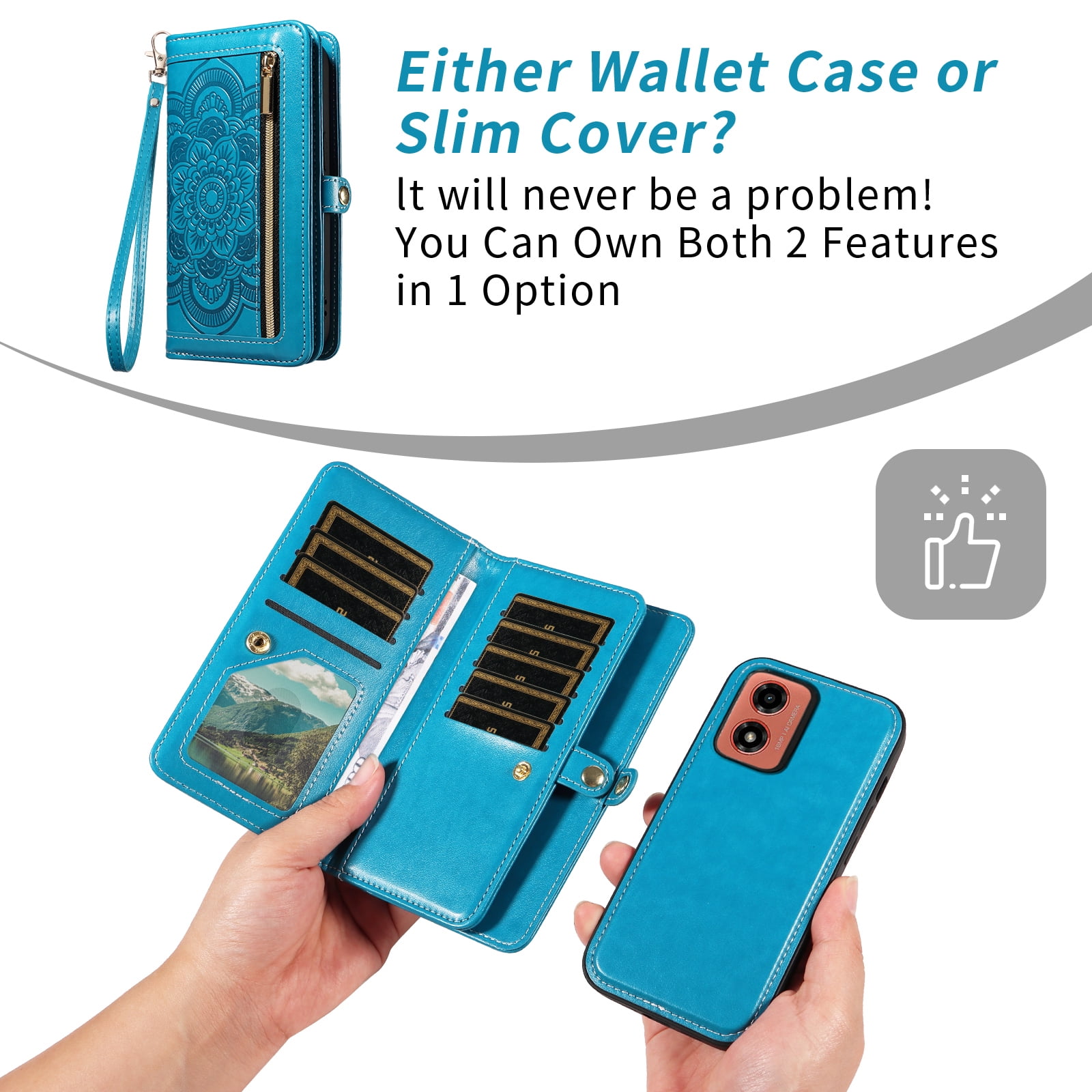 Asuwish Detachable Magnetic Zipper Wallet Phone Case with Flower Pattern and Screen Protector for Motorola Moto G04/G04S/G24/E14, Blue