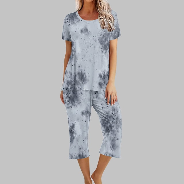 Liquidation Aujourd'hui Iumwxz Pyjamas Décontractés Fluides Ensembles Femmes Tenues d'Été Teinture sur Nœuds Graphique Col Rond Manches Courtes Taille Élastique Pantalons Courts Ensembles pour Femmes Vacances