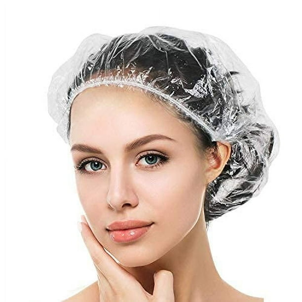 Auban Gorro de ducha desechable, 30 unidades, gorros de baño más grandes, gruesos, transparentes, impermeables, de plástico, elásticos, para mujeres, accesorios esenciales para viajes de hotel, acondi