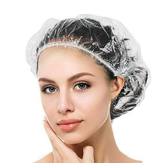 Auban Gorro de ducha desechable, 30 unidades, gorros de baño más grandes, gruesos, transparentes, impermeables, de plástico, elásticos, para mujeres, accesorios esenciales para viajes de hotel, acondi