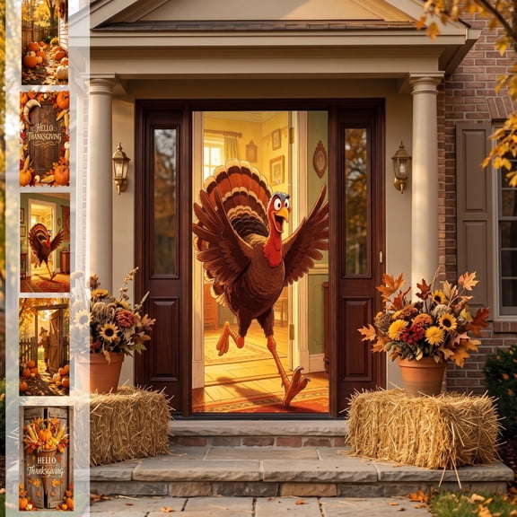 72 x 35 Inch Happy Thanksgiving Banner Door Cover, Fall Harvest Themed Porch Sign, Large Front Door Wall Backdrop for Indoor Outdoor Party Decorations and Photo Booth Props, #01