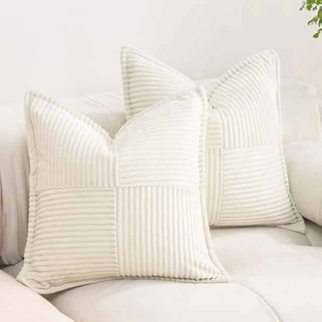 Chenchen Corduroy Cream White Throw Pillow Covers 18×18 Inches Set of 2 Boho Decorative,Super Soft Cozy Striped Cushion Covers for Couch,Sofa,Farmhouse,Living Room,45×45CM