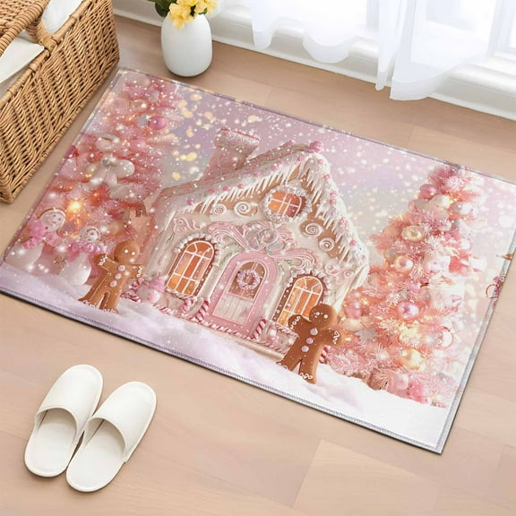 Christmas Bathroom Rug Washable 2x3 Entryway Rug Non Slip Pink Xmas Farmhouse Snowflake Tree Front Door Mat Low Pile Indoor Doormat Throw Floor Carpet for Kitchen Bedroom Entrance