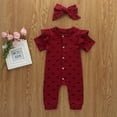 thumbnail image 5 of Gibobby Mono Ajustado de Verano con volantes y corazones de día, mono con estampado de San Valentín para niñas pequeñas y bebés, mono con diademas y mono para niñas(Rojo， 12-18 Meses), 5 of 5