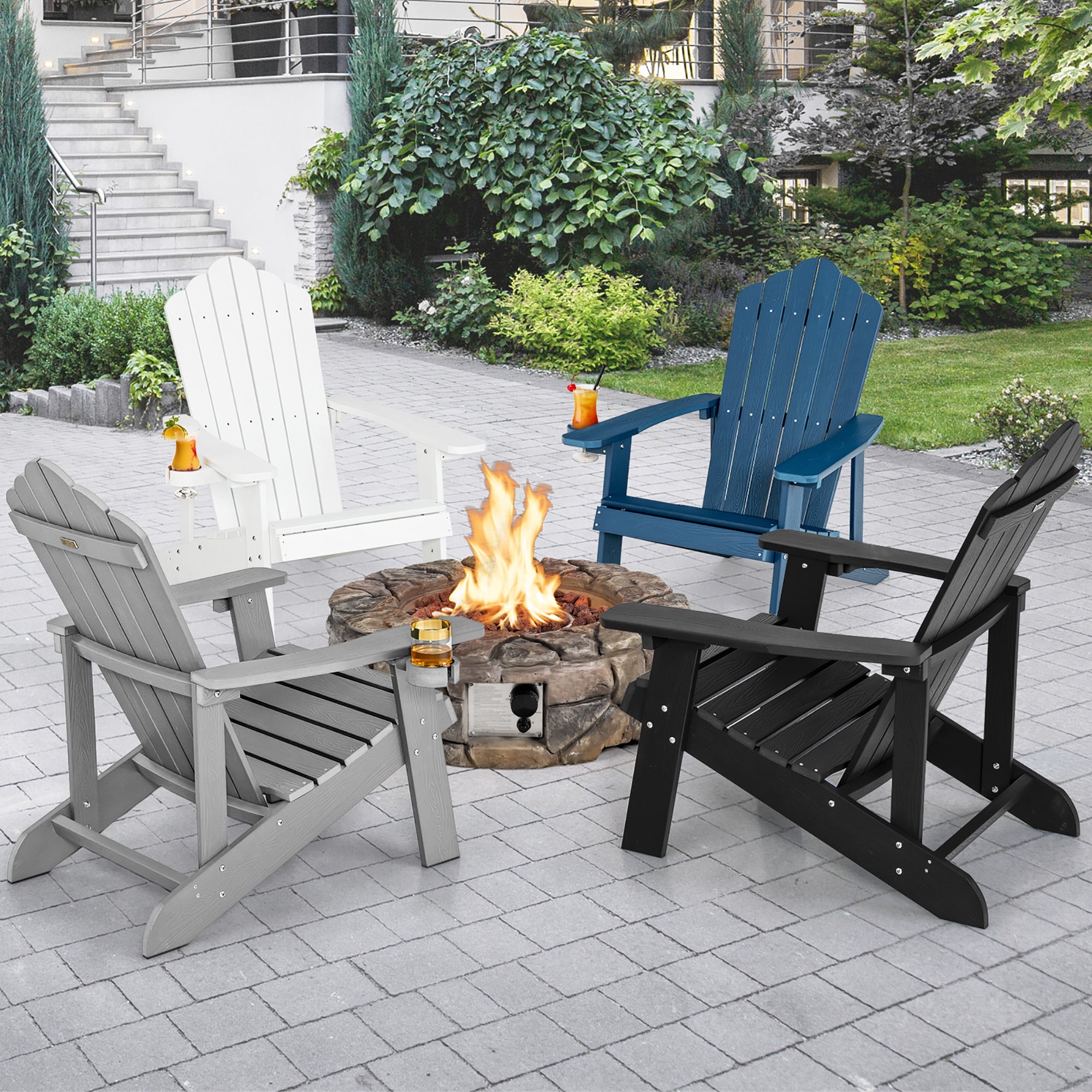 Costway Patio HIPS Adirondack Chair with Cup Holder Weather Resistant Outdoor 380 LBS Grey