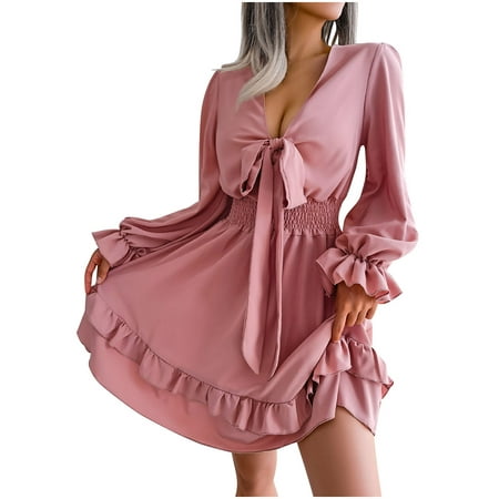 Women Summer Solid Color Tie Front Elastic Waist Mini Dress Tiered Ruffle  Layer V-Neck Short Sleeve Beach Dress (Color : Green, Size : XL/X-Large) :  : Clothing, Shoes & Accessories