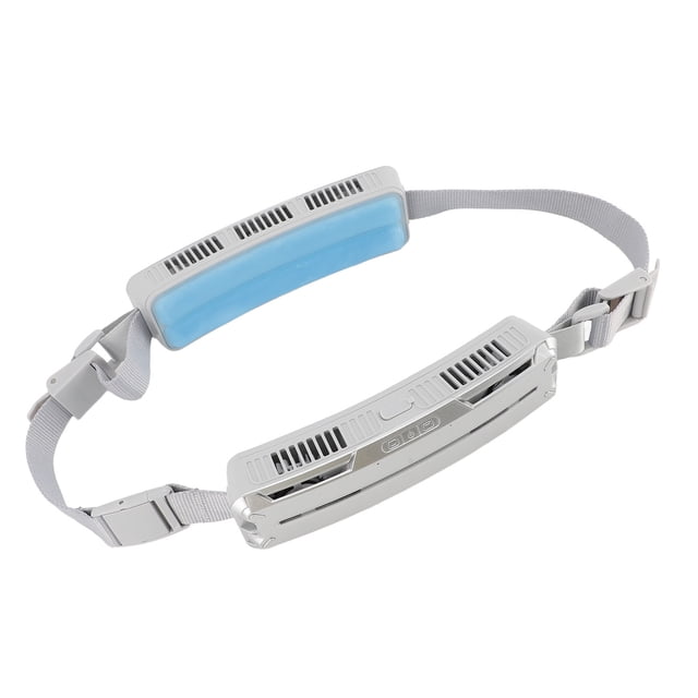 ventilador de cintura portátil, ventilador de cinturón recargable de 5000 mah, ventilador de cuerpo de 360 con cinturón ajustable, flujo de aire fuerte de 6500 rpm, tiempo de — Ventilador de cintura Anggrek gris plata con dos módulos alargados y correa textil ajustable; carcasa ABS con rejillas de salida de aire, panel frontal azul que contiene material de enfriamiento visible, botones de control y puerto de carga en la unidad inferior, mostrado sobre fondo blanco; a menudo usado para ventilación personal durante actividades al aire libre o trabajo en calor.