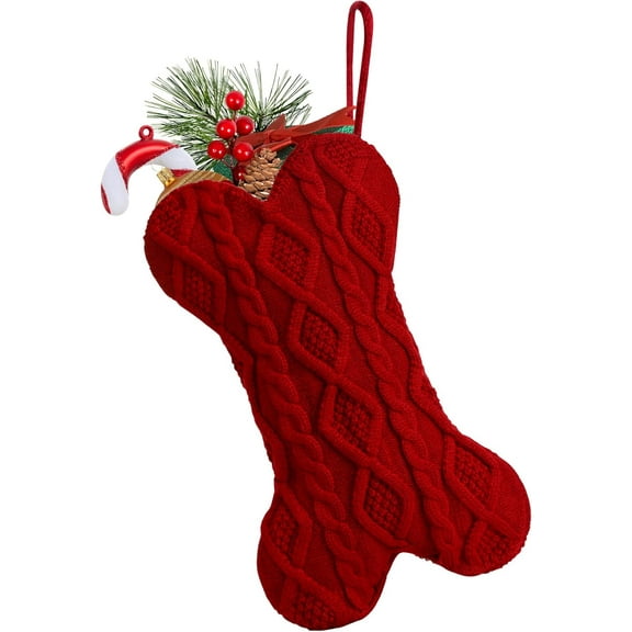 Kiibsot Dog Christmas Stocking, Bone Shape Christmas Stocking for Dogs, Xmas Fireplace Hanging Stockings for Pets, Knit Dog Stockings Christmas Decorations