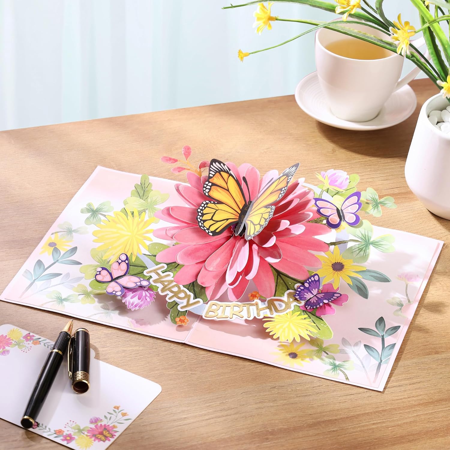 Pop Up Birthday Cards For Women&Wife, Beautiful Flowers and Monarch Butterfly, Elegant, Floral 3D Happy Birthday Greeting Cards, Ideal Gift for Mom, Sister, Her, Grandma, Aunt, Daughter, Stepmother