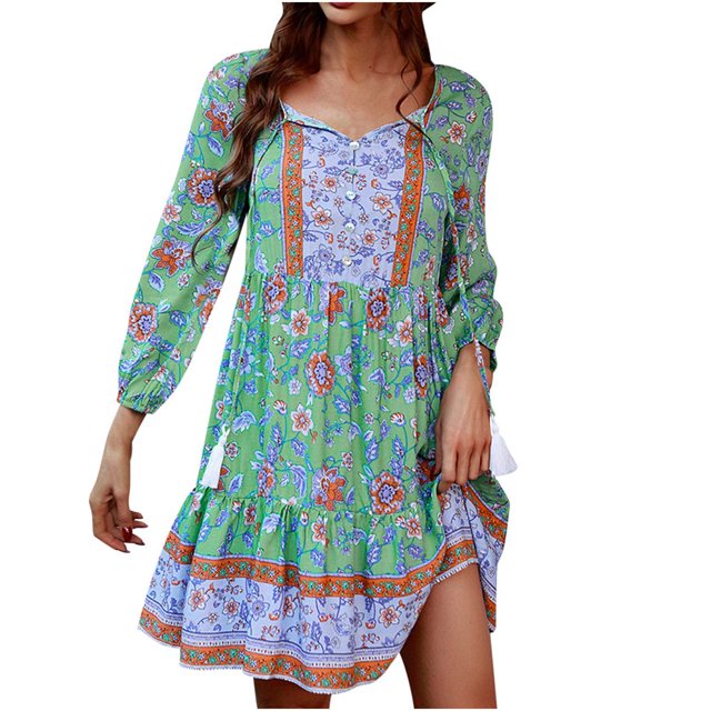 Robe d'Invitée de Mariage Mode Femme Bohème Col en V Ample Manches 3/4 Imprimée Robe Courte Longueur Mini Robe à Pois Robe à Bretelles Robe Mini Robe Maxi Robe Sans Bretelles