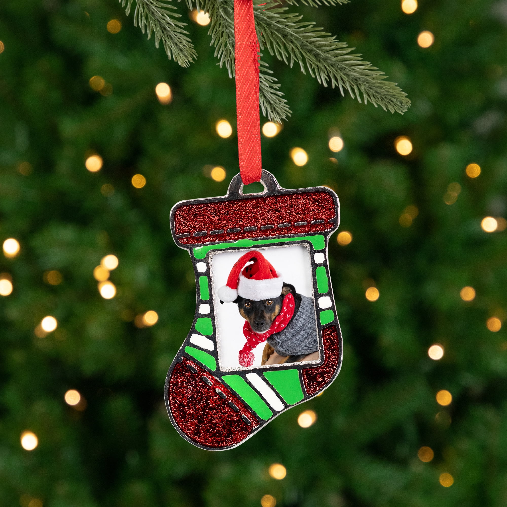 Striped Christmas Stocking Photo Frame Ornament - 3.25"