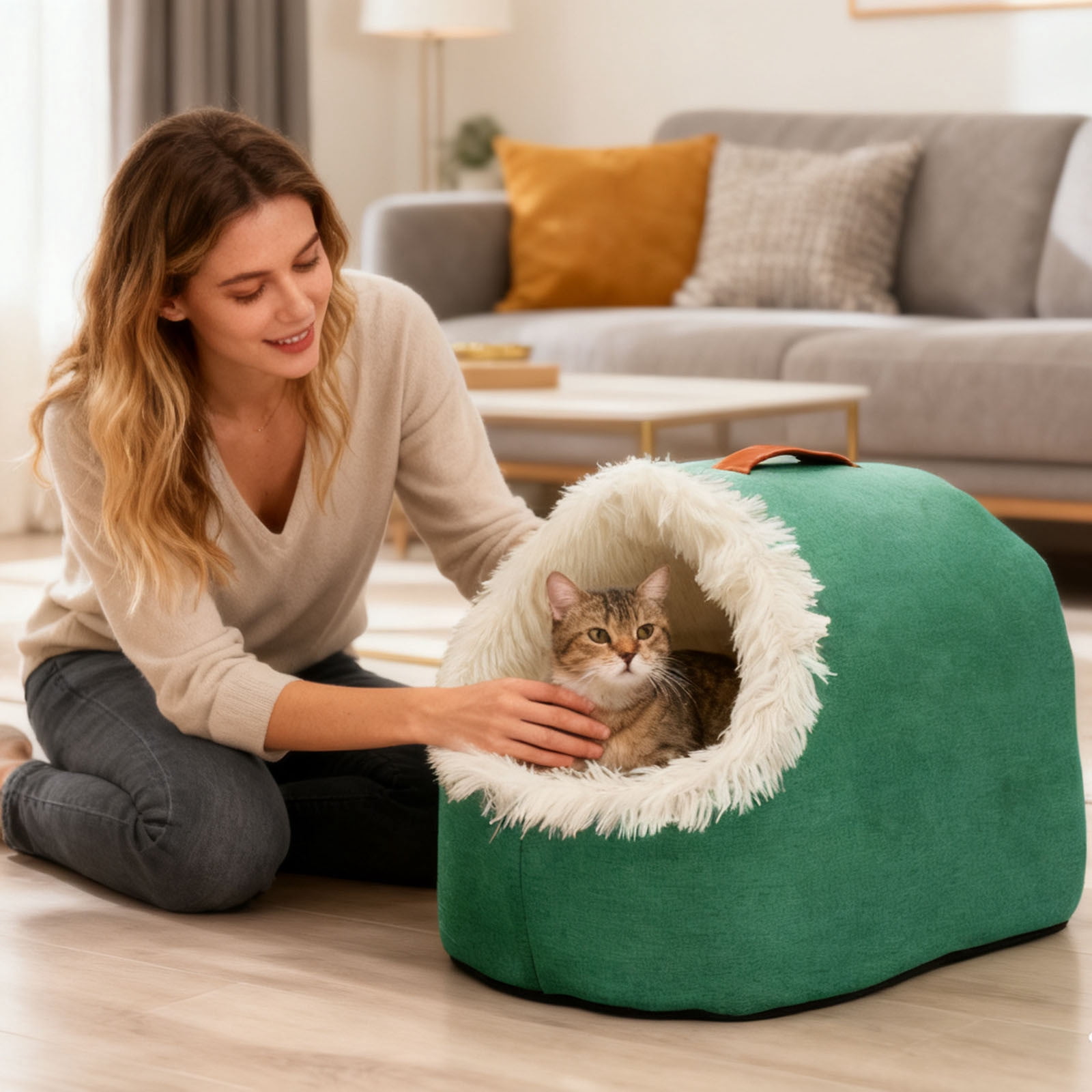Cozy Pet Bed for Indoor Cats Warm Hooded Calming Shelter Washable Detachable Padding Ideal for Winter Comfort