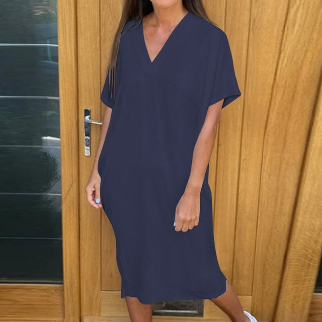 Liquidation et Promo, Robe Décontractée Unie à Col en V à Manches Courtes pour Femme, Robe Unie, Robe à Col en V, Robe Décontractée à Manches Courtes Style Sans Effort/polyester, Marine, Sopatenor