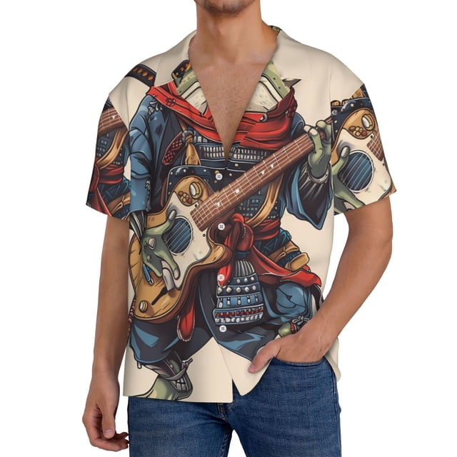 Fotbe Samurai Frog Guitar Camisa Estampada de Manga Corta para Hombre, Casual de Verano, Estilo Playero, Sin Arrugas-Large