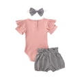 thumbnail image 3 of Seyurigaoka 3Pcs Baby Summer Outfits Solid Color Romper+ Plaid Shorts+ Hairband, 3 of 9