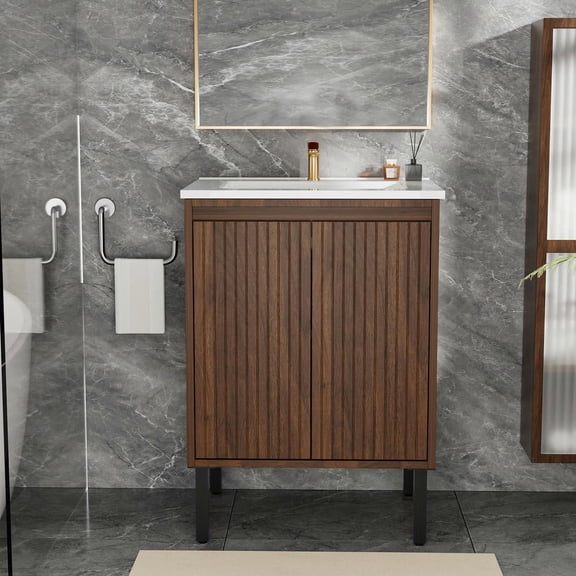Resenkos 24-Inch Bathroom Vanity with Sink, Floor-Standing Design with Soft-Closing Drawers and Oak Finish - Walnut