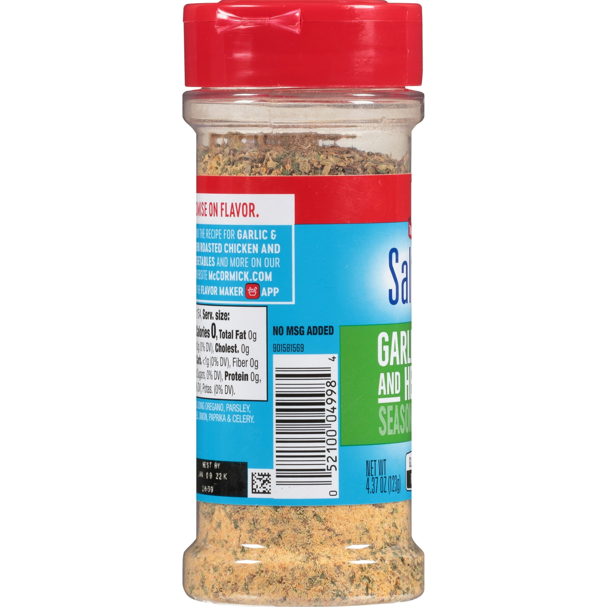 McCormick Seasoning, Salt Free Garlic and Herb, 4.37 oz Bottle