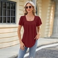 thumbnail image 2 of Women Summer Casual Shirts Pleated Hollow Square Neck Jacquard Short Sleeve T Shirt, 2 of 2