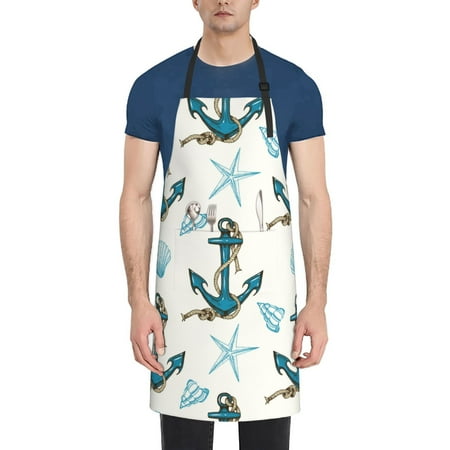 

Qekee Anchors And Shells Print Waterproof Apron with Pockets Adjustable Cooking Aprons Kitchen Bib for Baking Household Cleaning