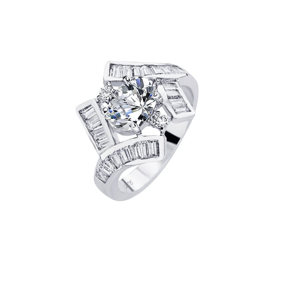 Sterling Silver 925 Rhodium Plated Baguette Center Bridal Ring White CZ Jewelry Female Size 6