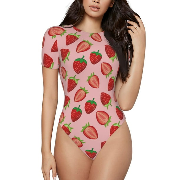 Balery Strawberries Body de cuello redondo de manga corta para mujer Tops de manga corta Tops básicos-Large