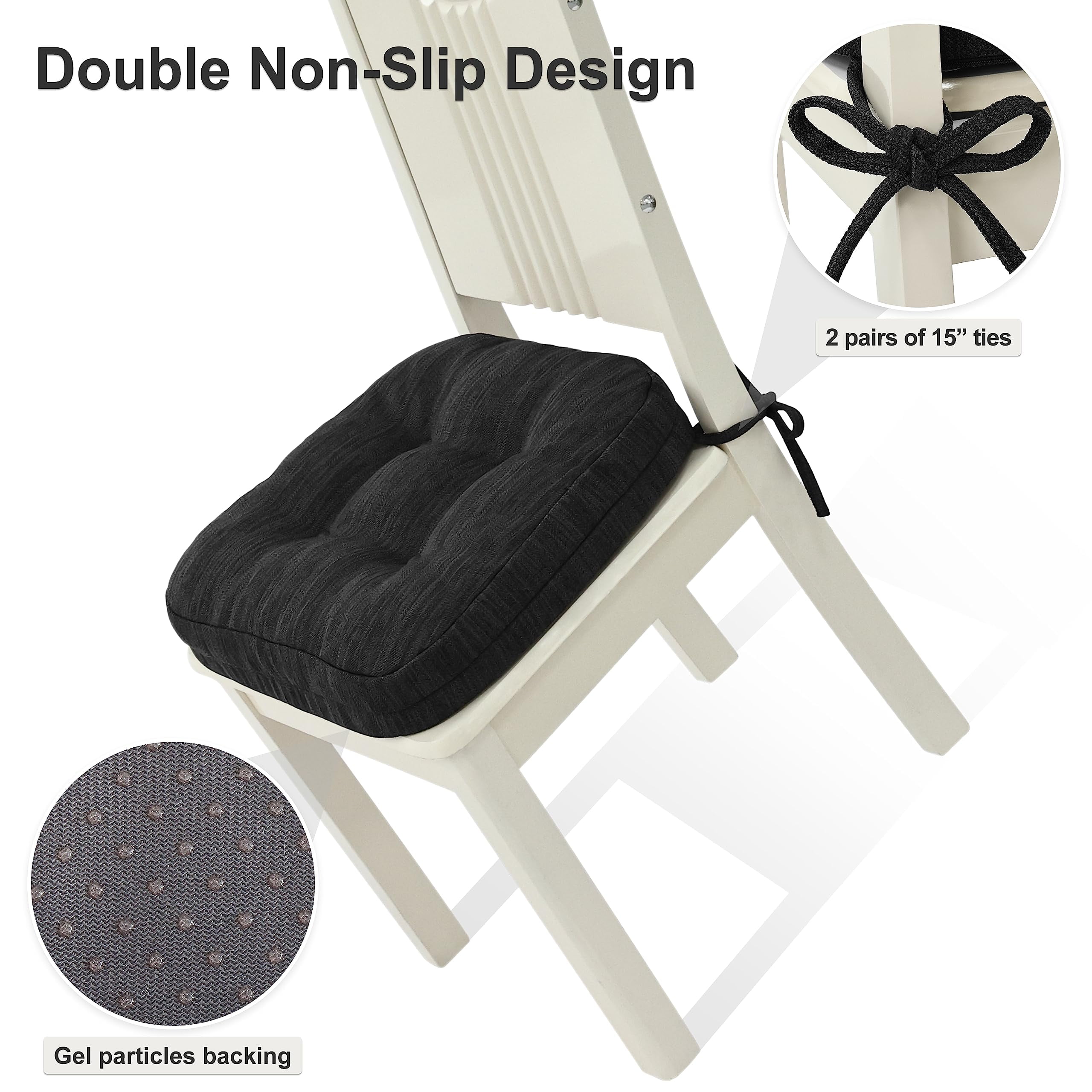 Shinnwa Chair Cushions 3.5" Thick Tufted Memory Foam Kitchen Chair Cushions Set of 2 Dual-layer Indoor Seat Cushions, 16.5" X 16.5", Non-Slip, Black