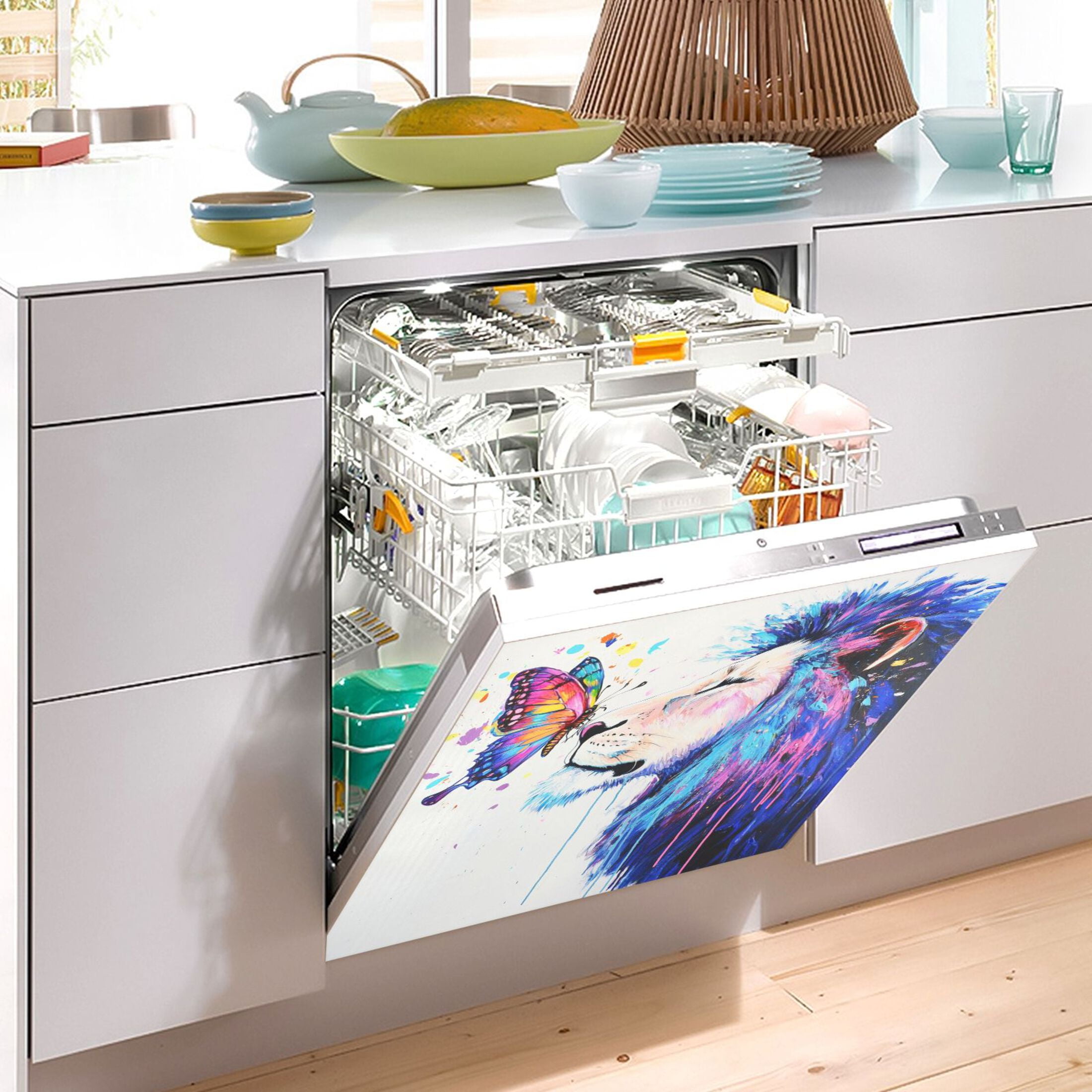 Dishwasher Magnetic Sticker 23x26 Inch Refrigerator Magnetic Sticker Washing Machine Magnetic Sticker Kitchen Panel Magnetic Sticker Home Decor Lion and Colorful Butterflies