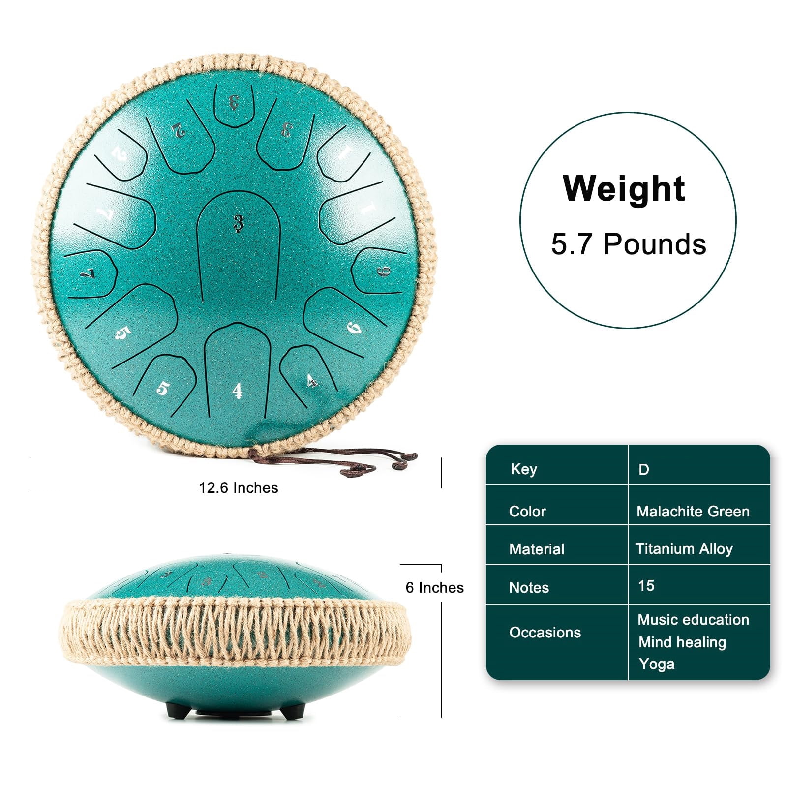Steel Tongue Drum - 13 Inches 15 Notes Tongue Drum - Hand Pan Drum with Music Book, Handpan Drum Mallets and Carry Bag, D Major (Malachite Green)