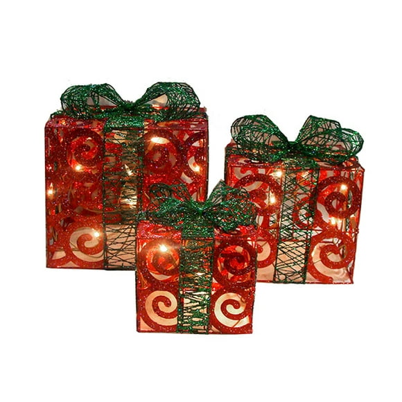 Alger Ensemble de 3 Boîtes-Cadeaux Pré-Éclairées Rouge Étincelant Décor d'Art de Cour de Noël 13"