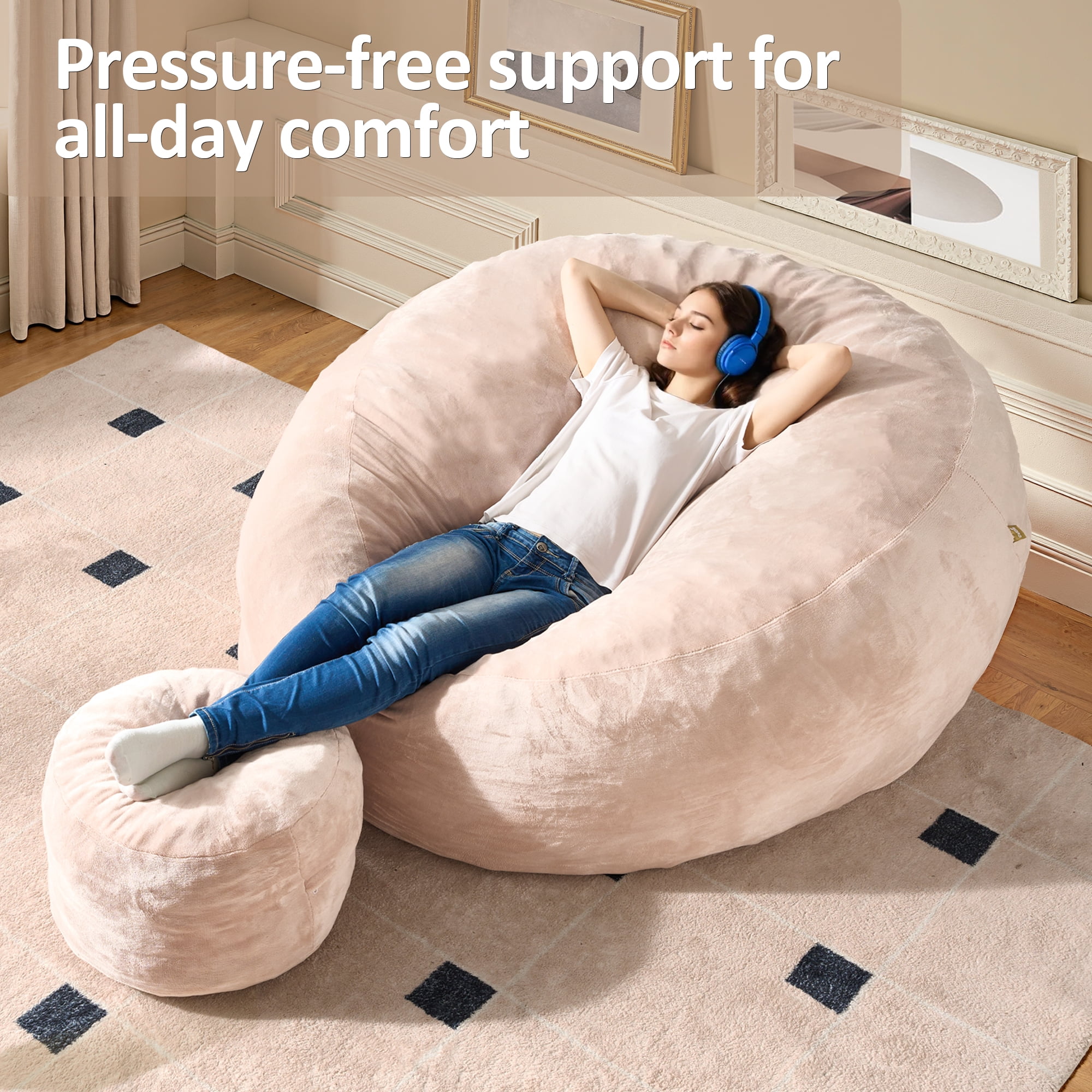 Vcatnet 59" Oversized Bean Bag Chair for Adults with Ottoman Giant Bean Bag Sofa Couch with Memory Foam Upholstered Lazy Floor Sofa for Living Room Bedroom, Beige