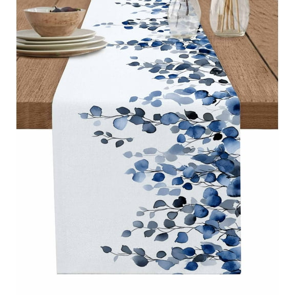 Navy Blue Eucalyptus Leaves Burlap Cotton Table Runner 16x72 Inches Long, Watercolor Summer Leaf Farmhouse Table Runners, Outdoor Dining Tablecloths Decor for Baby Shower/Party/Wedding