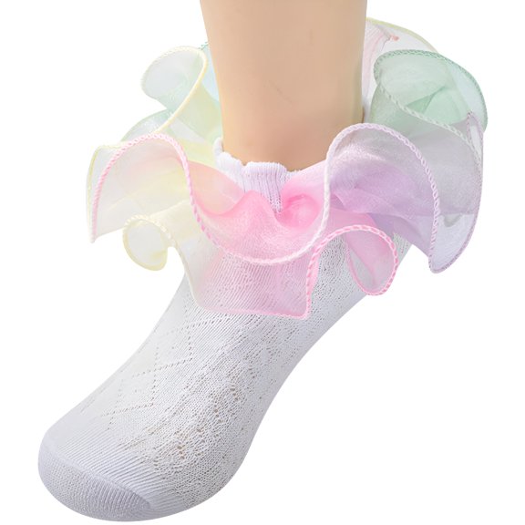 LAMIRO Girls Ruffle Socks Double Lace Frilly Dress Socks Kids Turn Socks for Toddler Little Girls (Light Green, 1-3 Years)