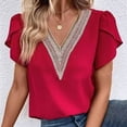 thumbnail image 4 of Camiseta informal holgada de verano para mujer, talla L, blusa con escote en V y mangas de pétalos de encaje rojo, 4 of 7
