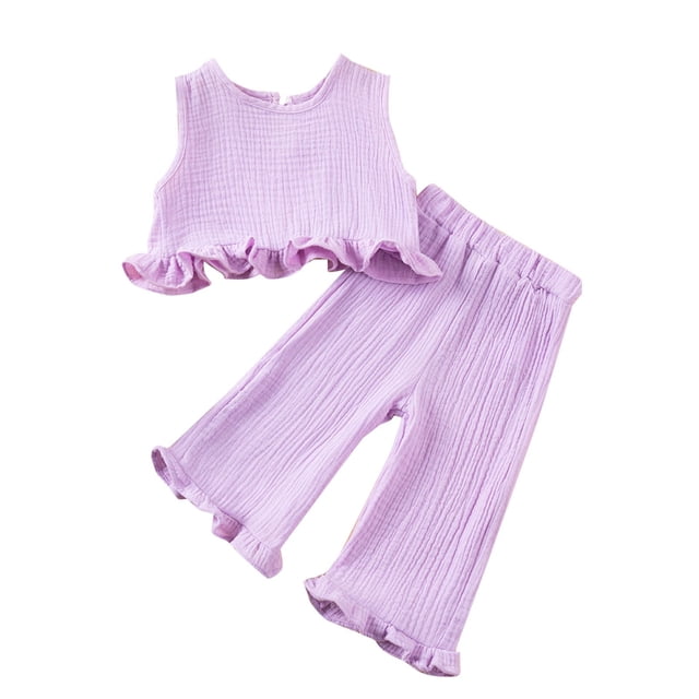 Zpanxa Girls Matching Sets Solid Color Sleeveless Round Neck Top and Pants Breathable 2 Piece Set 6 Years