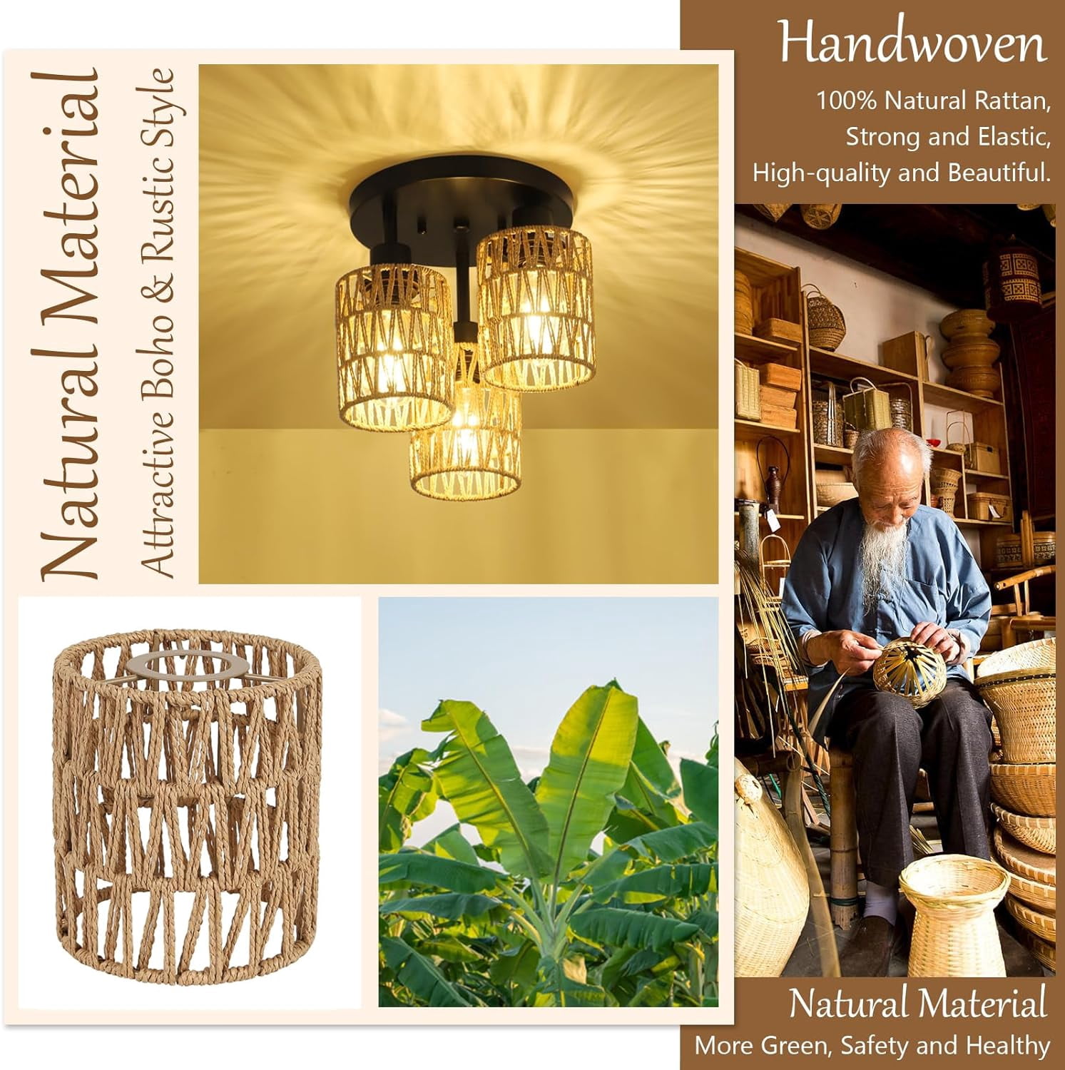 Table Lamp, Flush Mount, Brown Bedroom Lamp,Rattan+Metal LED Lamp, Lighting & Lamps