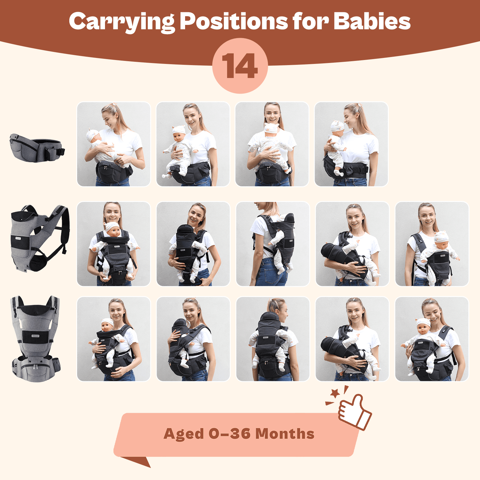 Baby Carrier with Hip Seat Convertible Soft and Cool Baby Carrier 4-Position for Child, Black