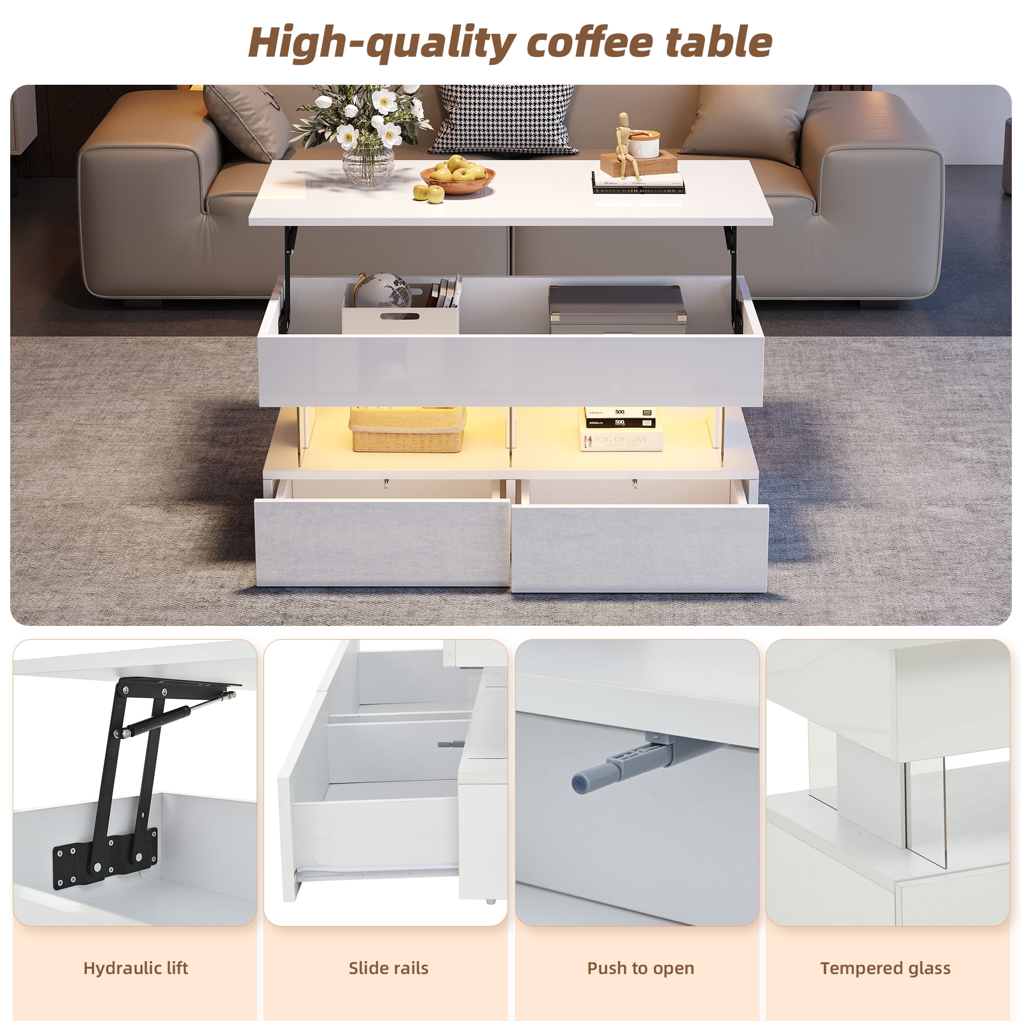 Table basse relevable Noble House avec éclairage DEL et 2 tiroirs, blanche