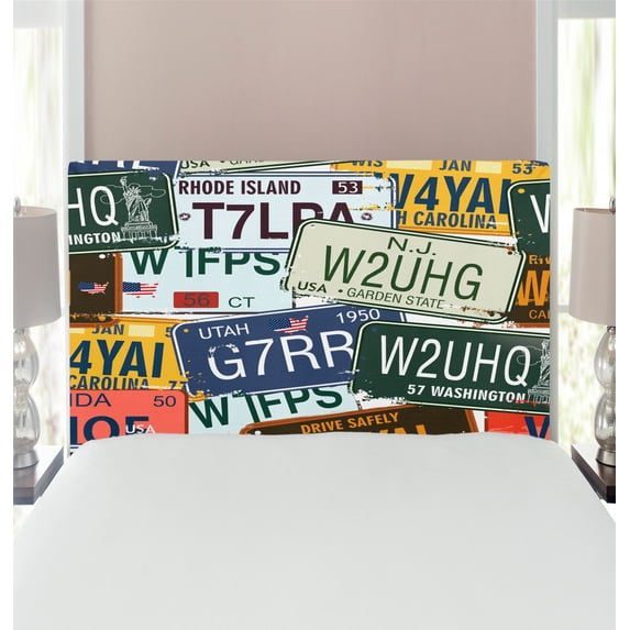 Vintage Headboard, Original Retro Style License Plates Personalized Creative Travel Vacation, Upholstered Decorative Metal Bed Headboard with Memory Foam, Twin Size, Green Blue Yellow, by Ambesonne