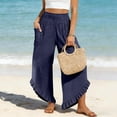 thumbnail image 2 of LNWUY Linen Pants Women Smocked High Waisted Wide Leg Cropped Pants with Pockets Cute Ruffle Boho Flowy Beach Pants Blue S, 2 of 5