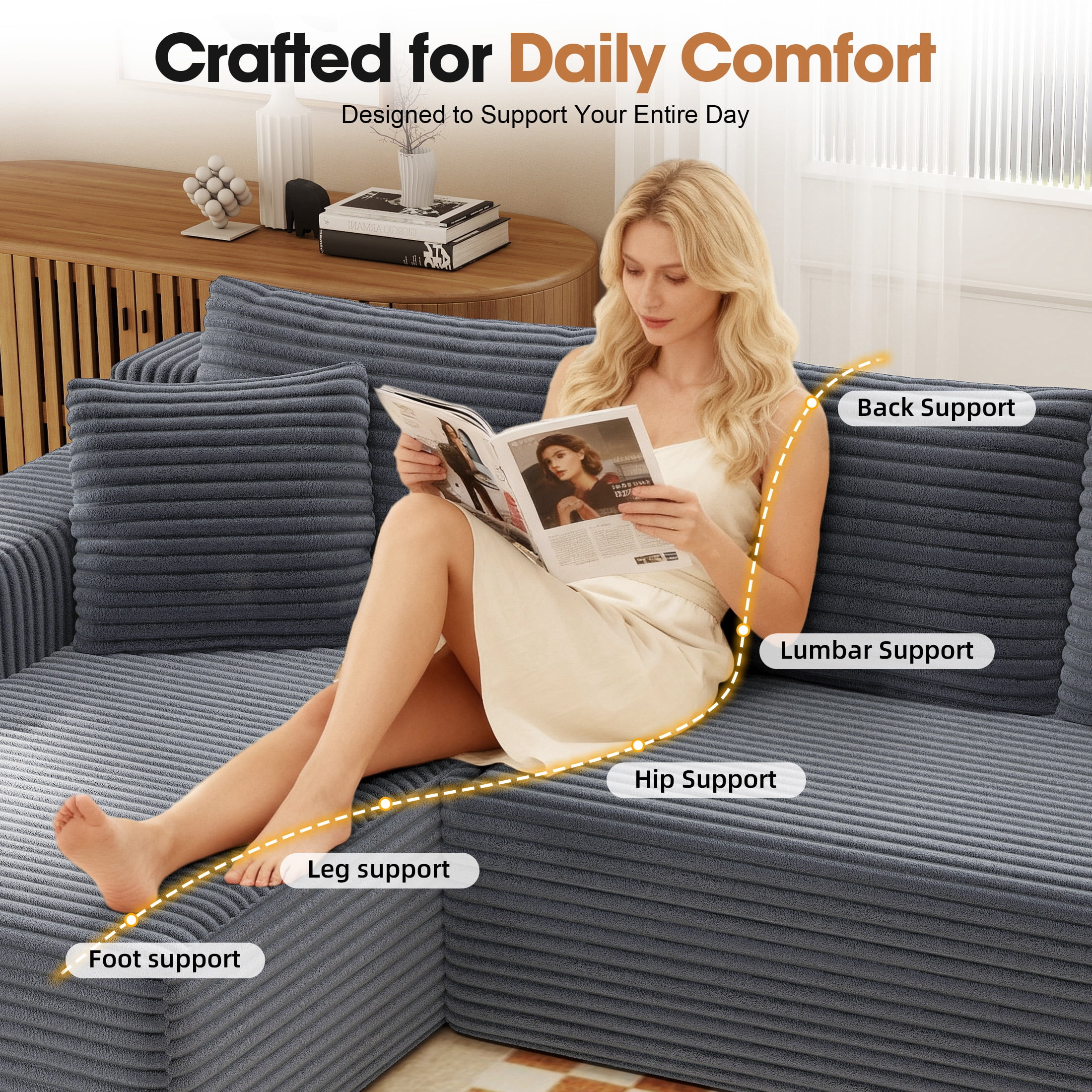 Aukfa Modular Sectional Sofa with Chaise, 95" Boneless Cloud Couch for Living Room, Gray