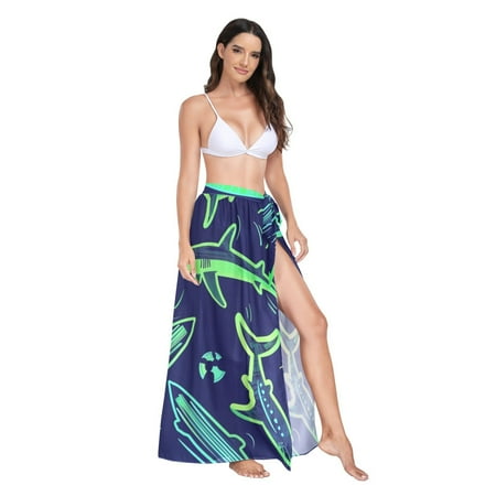 Women s Beach Swimsuit Cover Ups Bathing Suit Coverups Bikini Wrap Dress for Swimwear Neon Green Shark and Palm Trees