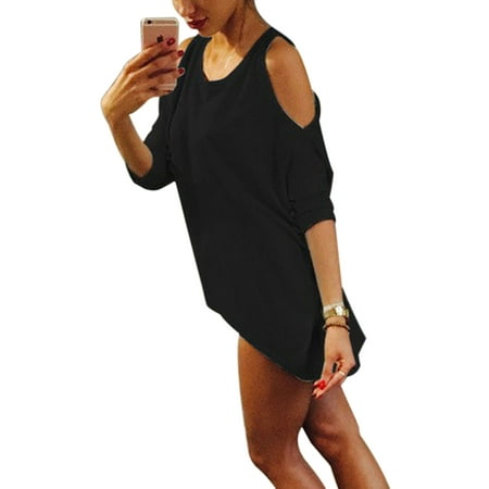Laser Cut Blouse Black - Women Blouse Cut Out Cold Shoulder Batwing Sleeve Top Tunic Loose Baggy T Shirt