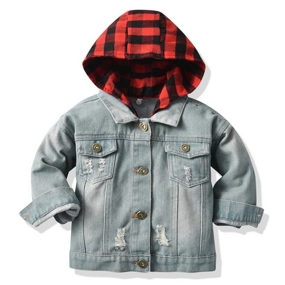 Toddler Kid Baby Boys Girls Denim Jacket Long Sleeve Button Down Jeans Coat Cowboy Overcoat Hoodie Casual Outwear Boys Gloves Attach to Coat Kids Winter Coats Size 5 Western Little Blue 18-24 Months