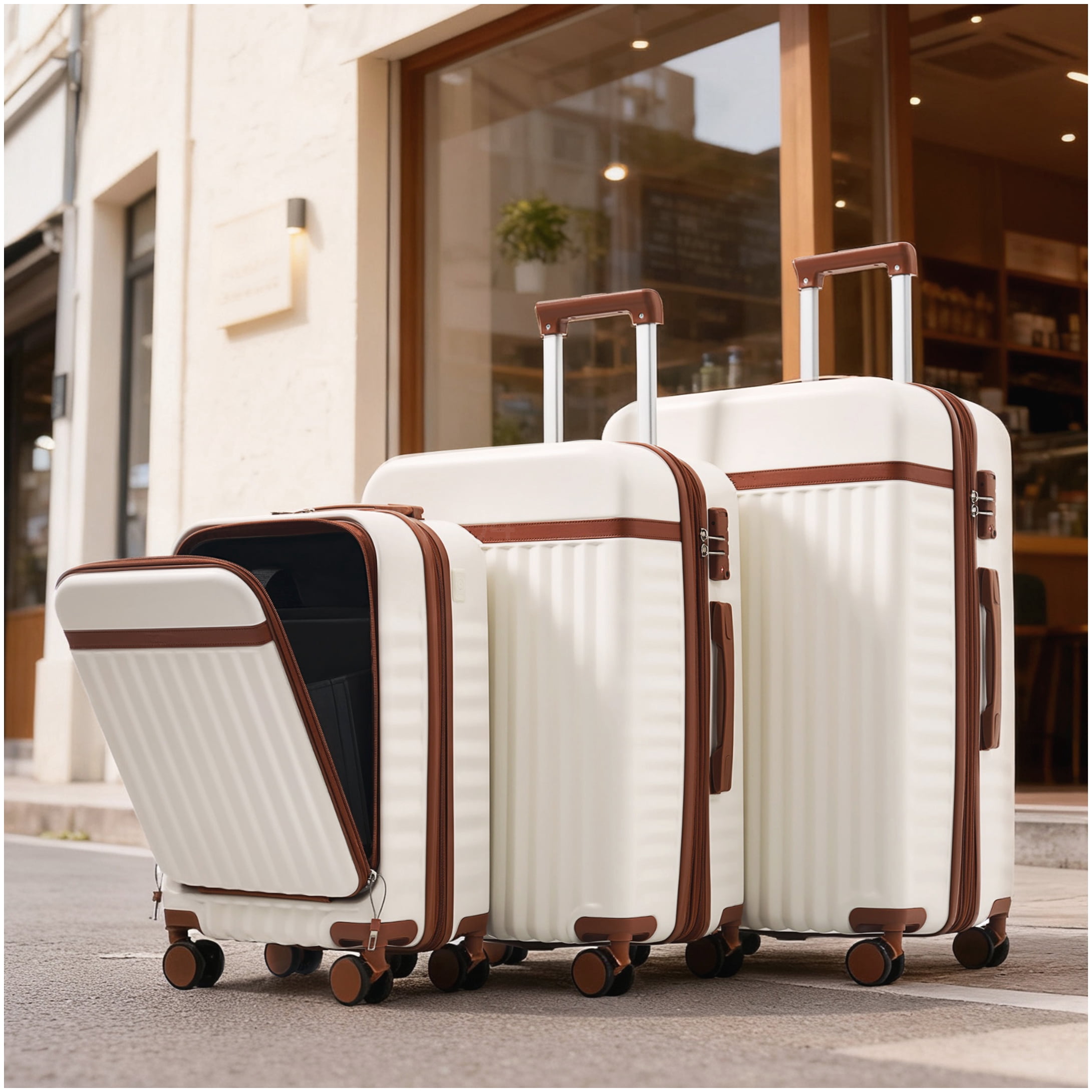 MANGIJOY Airline Approved Carry-On Luggage Set of 3 with USB Charger | ABS Hardside, Spinner Wheels, White
