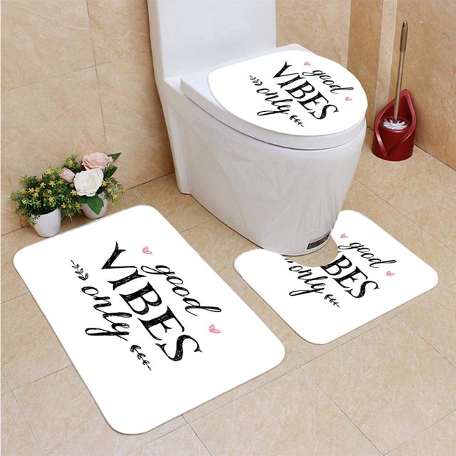 ABPHQTO Buenas Vibraciones Letras Dibujadas Mano Frase Inspiradora Telón De Fondo Hojas Corazones Juego de alfombras de baño de 3 piezas Alfombra de baño Alfombra de contorno y tapa de inodoro