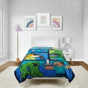 Minecraft Kids Twin/Full Blanket, 62 x 90, Microfiber, Green and Blue, Mojang
