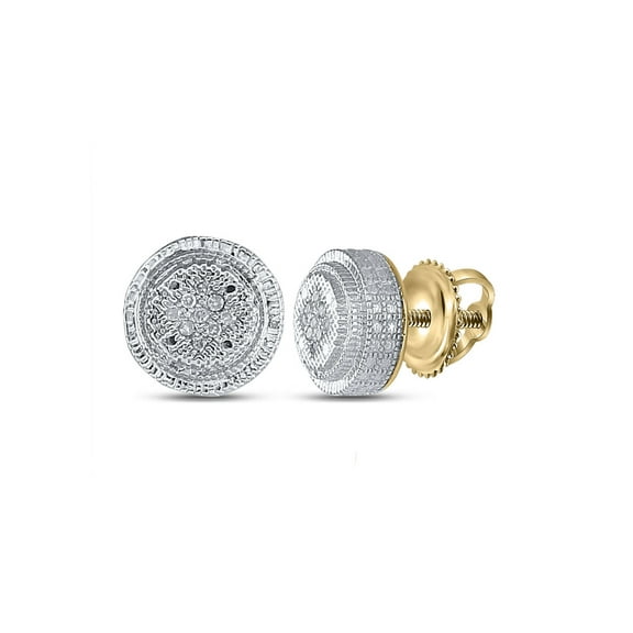Yellow-tone Sterling Silver Mens Round Diamond 3D Circle Disk Earrings 1/20 Cttw