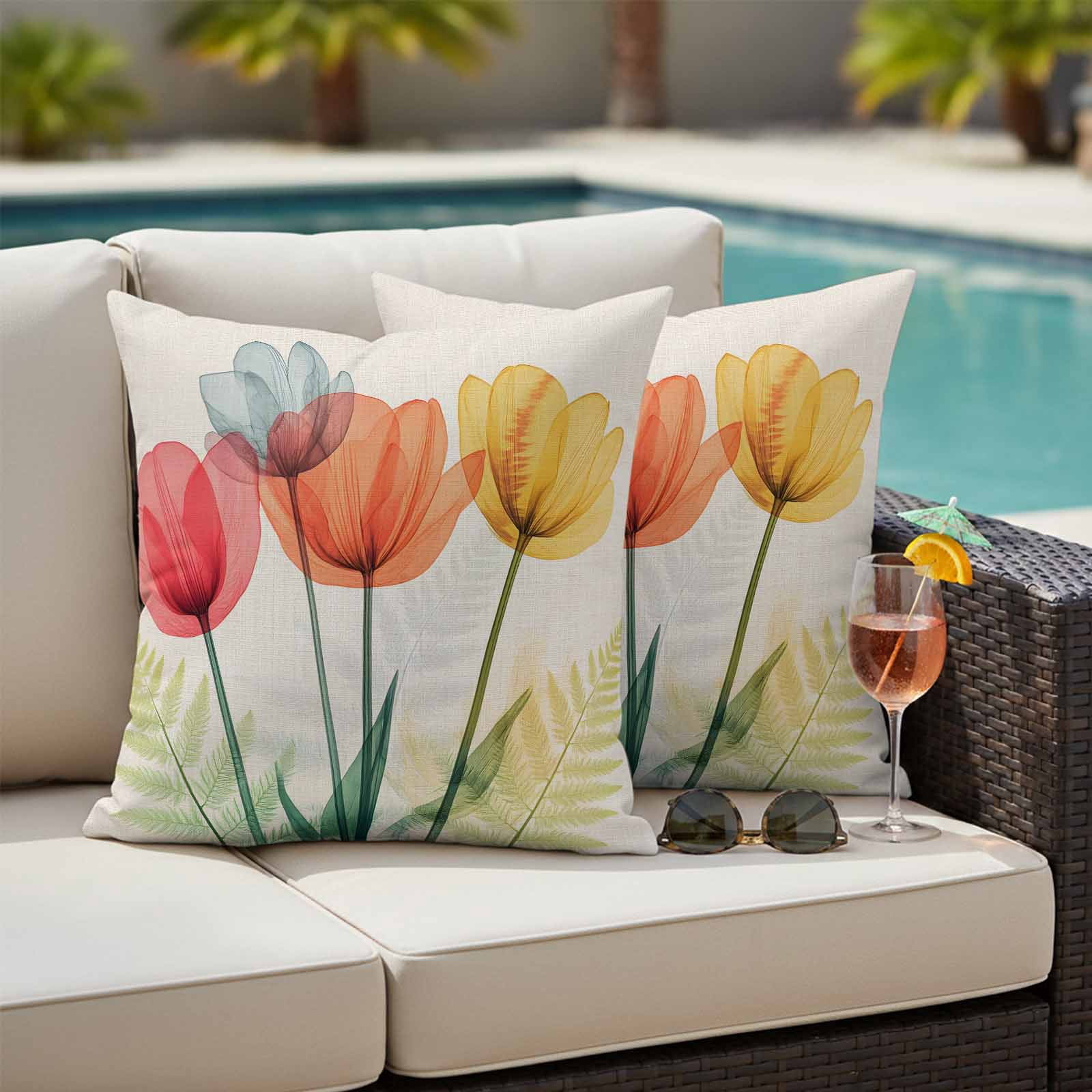Spring Retro Pillow Covers 2 Pack Orange Yellow Red X-ray Tulips Flower Leaf Pillowcase Waterproof Outdoor Throw Pillow Cover for Patio Garden Square Cushion 18”x18”