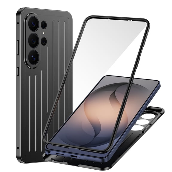 TECH CIRCLE for Samsung Galaxy S26 Ultra Folio Metal Bumper Case with Tempered Glass Screen Protector Heavy Duty Full Body Shockproof Rugged Protective Cover,Black