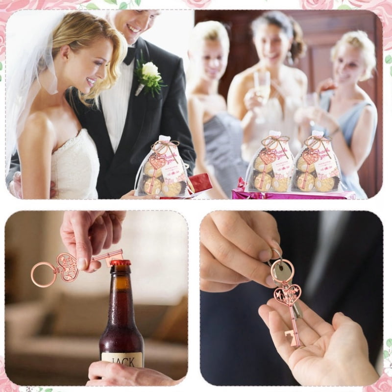 96 Pcs Rose Gold Bottle Opener Keychain Party Favors Set, Wedding Bridal Shower Quinceanera Favors for Guests, Heart Key Bottle Opener with Thank You Tags Organza Bags Gift Pack